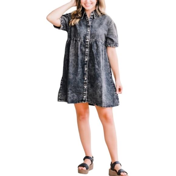 Charcoal Gray Black Acid Wash Button-down Short-sleeve Babydoll Dress W-672 Sz S - Picture 1 of 9
